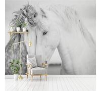 XLMING Hand Painted White Art Galloping Horse Couple 3D Wallpaper Premium Textured Silk Study Dining Living Room Bedroom Sofa TV Wall Easy Install-300cm×210cm