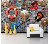 XLMING High End Music Trendy Bar Musical Instruments Guitar Stone Wall 3D Wallpaper Silky Texture Home Study Office Grey Dining Room Sofa Bedroom Living Room TV Backdrop-350cm×256cm