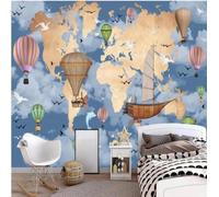 XLMING Hot Air Balloon World Map Blue Sky White Clouds 3D Wallpaper Premium Textured Silk Study Dining Living Room Bedroom Sofa TV Wall Easy Install-300cm×210cm