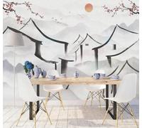 XLMING Ink Wash Flowers Birds Mountains Architecture 3D Wallpaper Luxury Silk Study Dining Feature Sofa Grey Bedroom Living Room Tv Decorative Wall-400cm×280cm