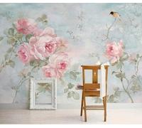 XLMING Ink Wash Hand Painted Pink Flowers Little Birds 3D Wallpaper Premium Textured Silk Study Dining Living Room Bedroom Sofa TV Wall Easy Install-250cm×170cm