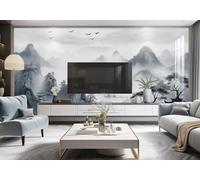 XLMING Ink Wash Landscape Birds in Flight Woodland Architecture 3D Wallpaper Luxury Silk Study Dining Feature Sofa Grey Bedroom Living Room Tv Decorative Wall-150cm×105cm