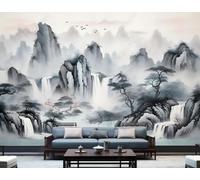 XLMING Ink Wash Landscape Waterfall Trees Birds 3D Wallpaper Luxury Silk Study Dining Feature Sofa Grey Bedroom Living Room Tv Decorative Wall-400cm×280cm