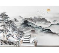 XLMING Ink Wash Mountain Peaks Pine Trees Birds in Flight Sunrise 3D Wallpaper Luxury Silk Study Dining Feature Sofa Grey Bedroom Living Room Tv Decorative Wall-400cm×280cm