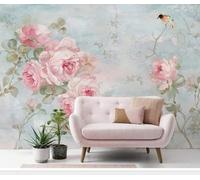 XLMING Ink Wash Plants Pink Flowers Little Birds 3D Wallpaper Premium Textured Silk Study Dining Living Room Bedroom Sofa TV Wall Easy Install-430cm×300cm