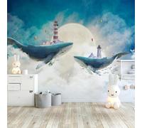 XLMING Ink Wash Sky Moon Dolphins Lighthouse 3D Wallpaper Premium Textured Silk Study Dining Living Room Bedroom Sofa TV Wall Easy Install-430cm×300cm