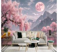 XLMING Lake Beautiful Pink Cherry Blossom Trees Mountains Full Moon 3D Wallpaper Premium Textured Silk Study Dining Living Room Bedroom Sofa TV Wall Easy Install-400cm×280cm
