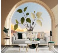 XLMING Minimalism Green Leaves White Vase Arched Window Sunset Sky 3D Wallpaper Silky Texture Home Study Office Grey Dining Room Sofa Bedroom Living Room TV Backdrop-400cm×280cm
