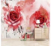 XLMING Minimalist Abstract Red Watercolour Hand Drawn Rose 3D Wallpaper Silky Texture Home Study Office Grey Dining Room Sofa Bedroom Living Room TV Backdrop-250cm×170cm