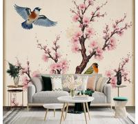 XLMING Minimalist Birds Cherry Blossom Tree Pink Flowers Branches 3D Wallpaper Premium Textured Silk Study Dining Living Room Bedroom Sofa TV Wall Easy Install-200cm×140cm