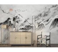 XLMING Minimalist Black and White Mountain Peaks Birds in Flight Sunrise 3D Wallpaper Luxury Silk Study Dining Feature Sofa Grey Bedroom Living Room Tv Decorative Wall-300cm×210cm