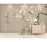 XLMING Minimalist Branches White Flowers Little Bird 3D Wallpaper Luxury Silk Study Dining Feature Sofa Grey Bedroom Living Room Tv Decorative Wall-150cm×105cm