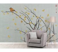 XLMING Minimalist Branches Yellow Ginkgo Leaves Small Birds 3D Wallpaper Luxury Silk Study Dining Feature Sofa Grey Bedroom Living Room Tv Decorative Wall-350cm×256cm