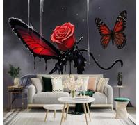 XLMING Minimalist Creative Dark Butterflies Red Roses Art 3D Wallpaper Premium Textured Silk Study Dining Living Room Bedroom Sofa TV Wall Easy Install-200cm×140cm