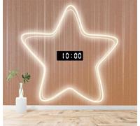 XLMING Minimalist Creative Illuminated Star Shaped Digital Clock Warm Lighting 3D Wallpaper Premium Textured Silk Study Dining Living Room Bedroom Sofa TV Wall Easy Install-150cm×105cm