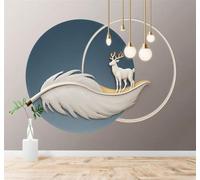 XLMING Minimalist Feathers White Deer Blue Circles Golden Lights 3D Wallpaper Premium Textured Silk Study Dining Living Room Bedroom Sofa TV Wall Easy Install-430cm×300cm