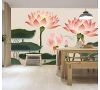 XLMING Minimalist Fresh Pink Lotus Green Leaves Art 3D Wallpaper Premium Textured Silk Study Dining Living Room Bedroom Sofa TV Wall Easy Install-430cm×300cm