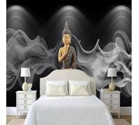 XLMING Minimalist Gold Buddha Statue Black and White Smoke 3D Wallpaper Premium Textured Silk Study Dining Living Room Bedroom Sofa TV Wall Easy Install-150cm×105cm
