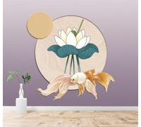 XLMING Minimalist Goldfish Moon Lotus Art 3D Wallpaper Silky Texture Home Study Office Grey Dining Room Sofa Bedroom Living Room TV Backdrop-250cm×170cm