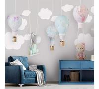 XLMING Minimalist Hand Drawn Cartoon Animals Hot Air Balloons White Clouds 3D Wallpaper Premium Textured Silk Study Dining Living Room Bedroom Sofa TV Wall Easy Install-200cm×140cm