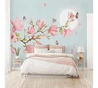 XLMING Minimalist Moon Pink Flowers Butterflies 3D Wallpaper Premium Textured Silk Study Dining Living Room Bedroom Sofa TV Wall Easy Install-400cm×280cm