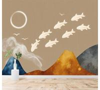 XLMING Minimalist Small Fish Mountains Moon Clouds Art 3D Wallpaper Premium Textured Silk Study Dining Living Room Bedroom Sofa TV Wall Easy Install-400cm×280cm