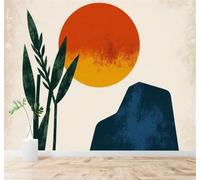 XLMING Minimalist Sun Mountains Green Leaves Nature Art 3D Wallpaper Premium Textured Silk Study Dining Living Room Bedroom Sofa TV Wall Easy Install-400cm×280cm