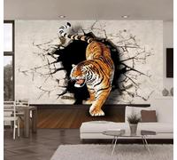 XLMING Minimalist Three Dimensional Tiger Breaking Through A Wall Unique 3D Wallpaper Luxury Silk Study Dining Feature Sofa Grey Bedroom Living Room Tv Decorative Wall-150cm×105cm