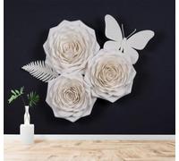 XLMING Minimalist Three Dimensional White Rose Butterfly 3D Wallpaper Premium Textured Silk Study Dining Living Room Bedroom Sofa TV Wall Easy Install-200cm×140cm