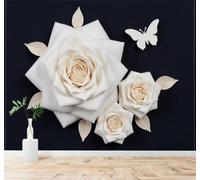 XLMING Minimalist Three Dimensional White Rose Butterfly Black 3D Wallpaper Premium Textured Silk Study Dining Living Room Bedroom Sofa TV Wall Easy Install-400cm×280cm