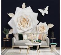 XLMING Minimalist Three Dimensional White Roses Butterflies Black 3D Wallpaper Silky Texture Home Study Office Grey Dining Room Sofa Bedroom Living Room TV Backdrop-200cm×140cm