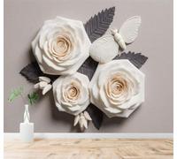 XLMING Minimalist Three Dimensional White Roses Butterflies Grey Leaves 3D Wallpaper Premium Textured Silk Study Dining Living Room Bedroom Sofa TV Wall Easy Install-150cm×105cm