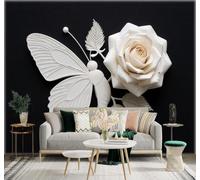 XLMING Minimalist White Butterfly Rose with Leaves Art Black Background 3D Wallpaper Silky Texture Home Study Office Grey Dining Room Sofa Bedroom Living Room TV Backdrop-200cm×140cm