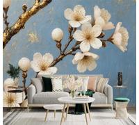 XLMING Minimalist White Cherry Blossom Branches Abstract Blue and Gold 3D Wallpaper Premium Textured Silk Study Dining Living Room Bedroom Sofa TV Wall Easy Install-430cm×300cm