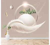 XLMING Minimalist White Feathers Geometric Circles Green Plant Leaves 3D Wallpaper Premium Textured Silk Study Dining Living Room Bedroom Sofa TV Wall Easy Install-400cm×280cm