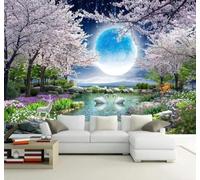 XLMING Moon Cherry Blossoms Trees Swans Landscape 3D Wallpaper Luxury Home Dining Decor Paste Sofa Living Room The Wall for Bedroom Mural-250cm×170cm