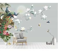 XLMING Moon White Floral Animal Peacock 3D Wallpaper Premium Textured Silk Study Dining Living Room Bedroom Sofa TV Wall Easy Install-200cm×140cm