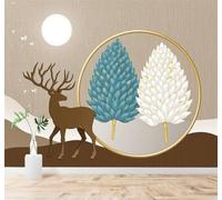 XLMING Moonlight Abstract Blue and White Trees Deer Geometric Circles 3D Wallpaper Silky Texture Home Study Office Grey Dining Room Sofa Bedroom Living Room TV Backdrop-400cm×280cm