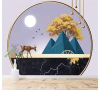 XLMING Moonlight Golden Deer Mountains Golden Trees Art 3D Wallpaper Silky Texture Home Study Office Grey Dining Room Sofa Bedroom Living Room TV Backdrop-250cm×170cm