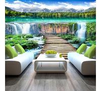 XLMING Mountain Peaks Forest Waterfall Wooden Bridge Birds in Flight 3D Wallpaper Silky Texture Home Study Office Grey Dining Room Sofa Bedroom Living Room TV Backdrop-400cm×280cm
