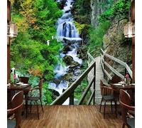 XLMING Mountain Peaks Waterfall Green Forest Wooden Bridge 3D Wallpaper Luxury Home Dining Decor Paste Sofa Living Room The Wall for Bedroom Mural-350cm×256cm