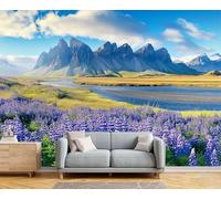 XLMING Mountains Rivers Sky Purple Flowers 3D Wallpaper Premium Textured Silk Study Dining Living Room Bedroom Sofa TV Wall Easy Install-400cm×280cm