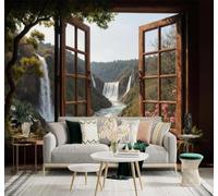 XLMING Mountains Waterfalls Rivers Windows Scenery 3D Wallpaper Silky Texture Home Study Office Grey Dining Room Sofa Bedroom Living Room TV Backdrop-250cm×170cm
