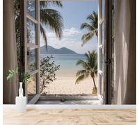 XLMING Outside The Window Tropical Beach Scenery Palm Trees Azure Ocean 3D Wallpaper Premium Textured Silk Study Dining Living Room Bedroom Sofa TV Wall Easy Install-430cm×300cm