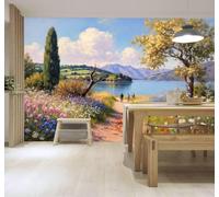 XLMING Picturesque Lakeside Footpath Wildflowers in Bloom Mountains Blue Sky 3D Wallpaper Silky Texture Home Study Office Grey Dining Room Sofa Bedroom Living Room TV Backdrop-150cm×105cm