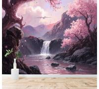 XLMING Pink Cherry Blossom Trees Mountain Peaks Waterfalls Sunset Sky 3D Wallpaper Premium Textured Silk Study Dining Living Room Bedroom Sofa TV Wall Easy Install-150cm×105cm