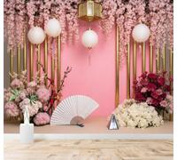 XLMING Pink Cherry Blossoms Paper Lanterns Golden Pillars 3D Wallpaper Silky Texture Home Study Office Grey Dining Room Sofa Bedroom Living Room TV Backdrop-200cm×140cm