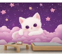 XLMING Pink Clouds Purple Starry Sky Little Cat 3D Wallpaper Premium Textured Silk Study Dining Living Room Bedroom Sofa TV Wall Easy Install-430cm×300cm
