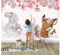 XLMING Pink Flowers Cartoon Rabbit Fawn 3D Wallpaper Luxury Home Dining Decor Paste Sofa Living Room The Wall for Bedroom Mural-400cm×280cm