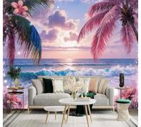XLMING Pink Tropical Beach Sunset Palm Trees Ocean Waves 3D Wallpaper Premium Textured Silk Study Dining Living Room Bedroom Sofa TV Wall Easy Install-200cm×140cm